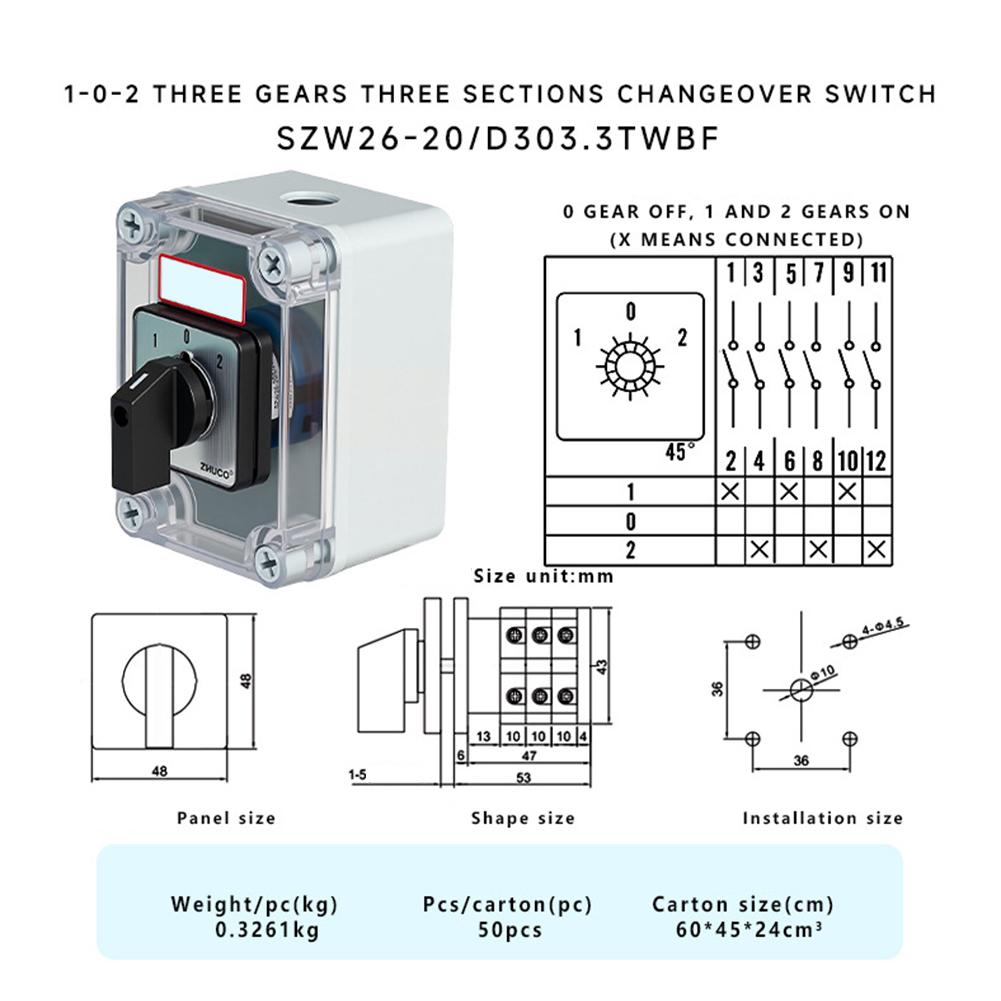 SZW26-20/D303.3TWBF 20A 3 Pole Rotary Cam Changeover Switch With Waterproof And Dustproof Sealed Box