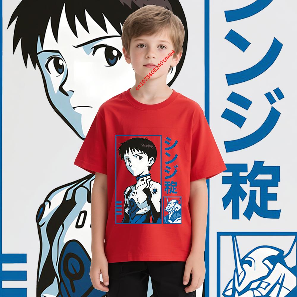Shinji Ikari Evangelion anime clothing kids Tshirt pure cotton shortsleeved cartoon casual tops for boys 100