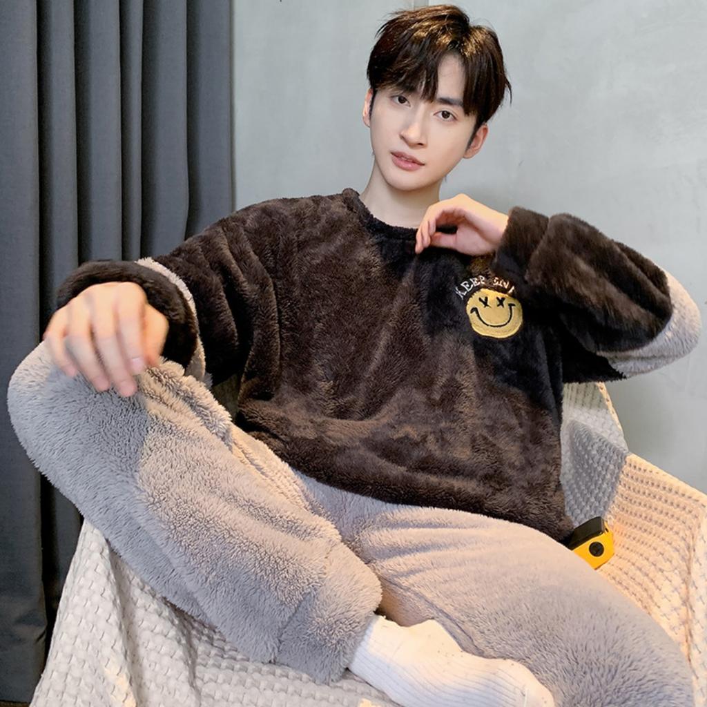 Winter, Coral Fleece, Pajamas, Men's Clothing, Thickened Fleece, Round Neck, Long Sleeved Pants, Suits, Home Clothes