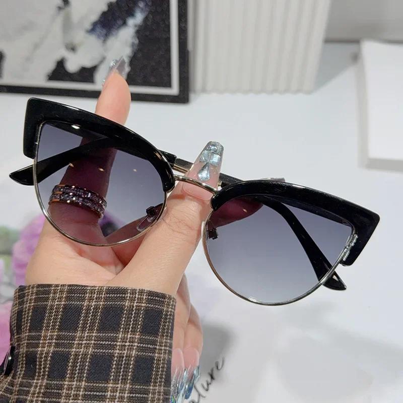 New Fashion Metal Frame Cat Eye Women'S Sunglasses Outdoor Neutral High Quality Half Frame Driving Uv400 Sunscreen Glasses