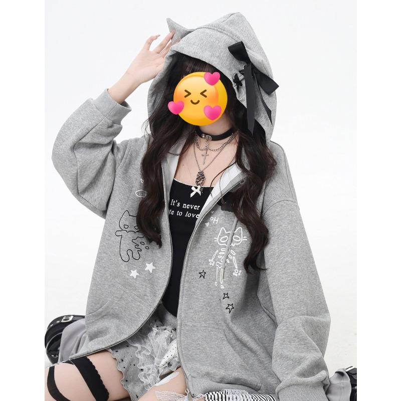 Subculture Wear Skull Cat Ears Hooded Jacket Women Autumn and Winter Fleece Loose Casual Lazy Grey Sweater Women