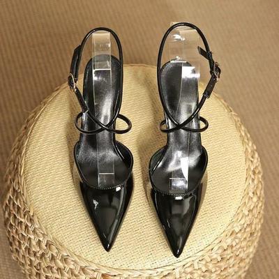 Single Shoes Sexy Sandals Spring and Summer High Heels Women's Stiletto Straps Pointed New Large Size Black Patent Leather Beautiful Temperament