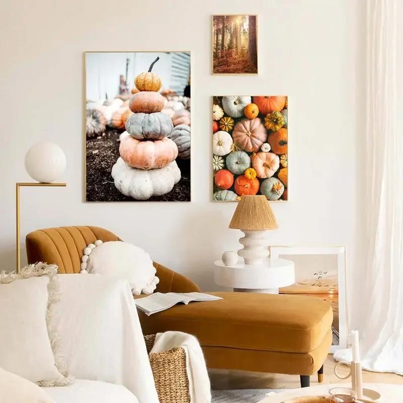 Autumn Yellow Fallen Leaves Scenery Canvas Painting Fall Pumpkin Halloween Wall Art Print Poster Modern Living Room Home Decor