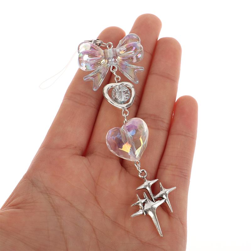 Y2K Handmade Blue Clear Heart Phone Charm Remesh Cute Bow Gloss Cushion Girl Woman Keychain Lanyardrd