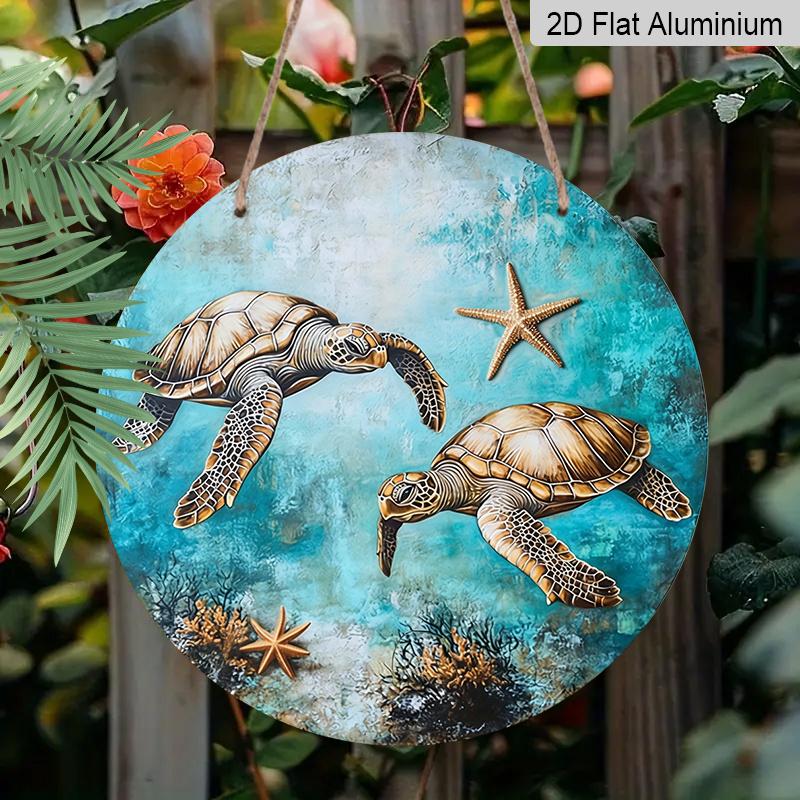 Vintage Sea Turtles & Starfish Metal Wall Art – 2D Flat Round Aluminum Sign with Oceanic Blue Background, Coral Reef Design, Indoor Decor for Living