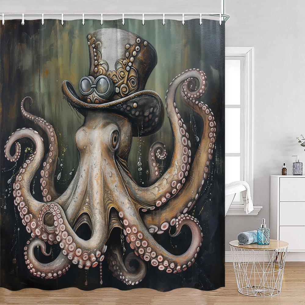 Octopus Shower Curtains Ocean Animals Funny Octupus Undersea World View Bathroom Curtain Nautical Bath Decorations with Hooks