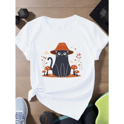 Cottagecore Katzen mit Pilzen Damen Sport Kurzarm-T-Shirt in Übergröße