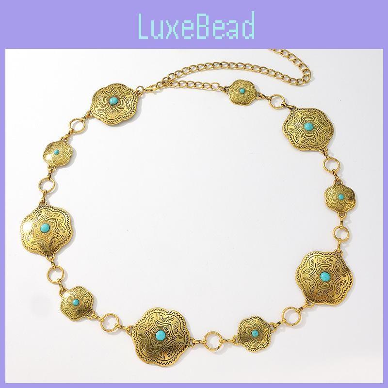 Western Style Turquoise Silver Metal Waist Chain With Carved Details Women For