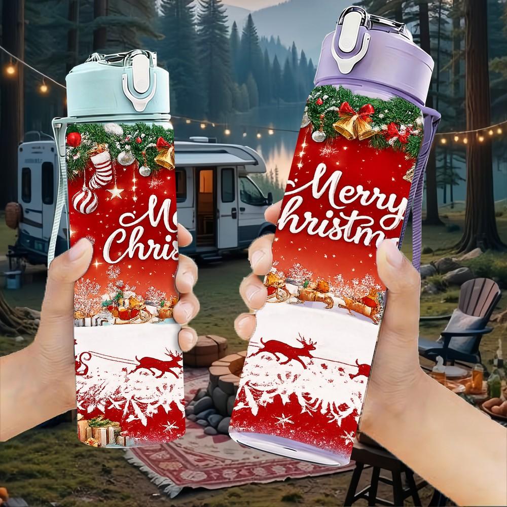 1PC Merry Christmas Red Festive Print 750ml Color Plastic Sports Water Bottle Leakproof Flip Straw Lid Suitable for Sports Office Home Use