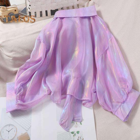 Cămașă de protecție solară pentru femei, cu rever, cu mâneci 3/4, cămașă curcubeu de culoare strălucitoare, cu papion la un singur piept Cămașă subțire din șifon