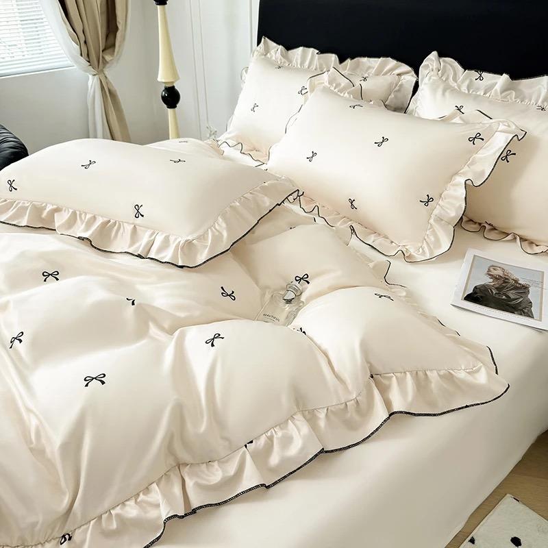 Korean Pink Heart Duvet Cover Sets For Girls 2025 New Blue Dot Ruffles Bedding Sets 4PCS Queen Size for Bedroom Guest Room