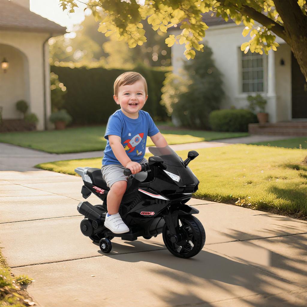 Children's Electric Motorcycle, 6V Battery-powered Motorcycle with Light and Sound Effects, Training Wheels, 75x36x49cm, Black