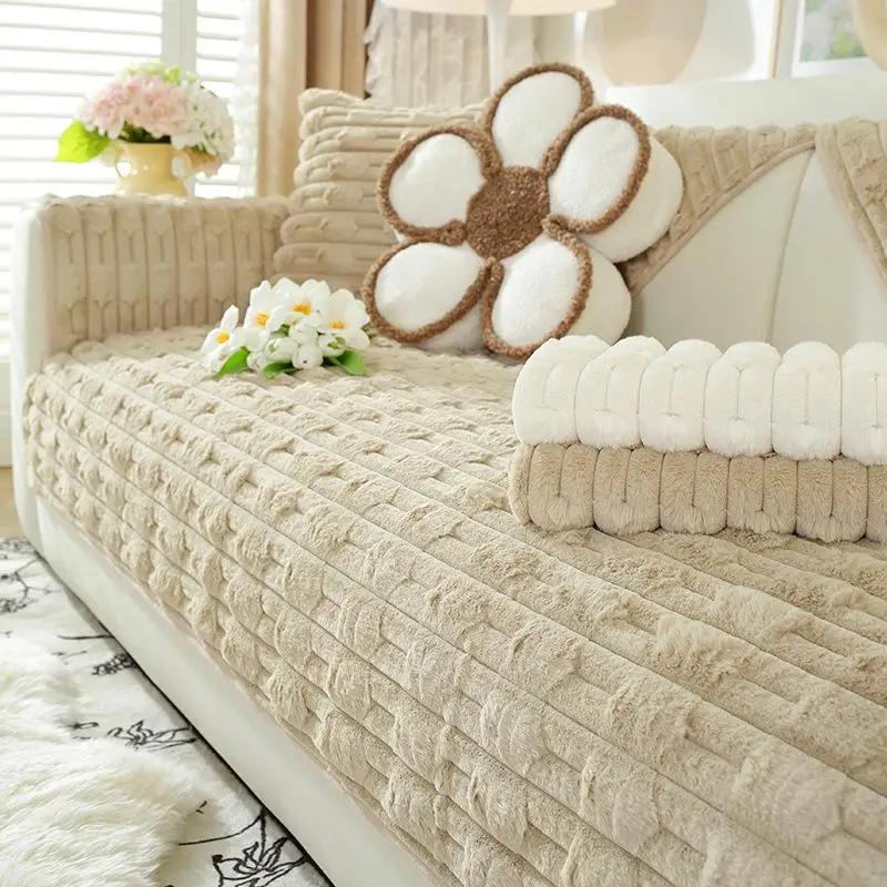 1pcs Rabbit Velvet Sofa Cover Household Thick Plush Cushion Autumn Winter Necessary Anti Slip Leather Seat Mat Cloth Towel
