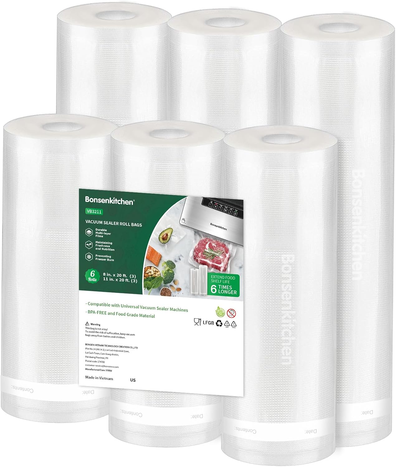 

Vacuum Sealer Rolls Bags, 6 Pack 3 Rolls Commercial Grade Free Bag Rolls, Durable United States