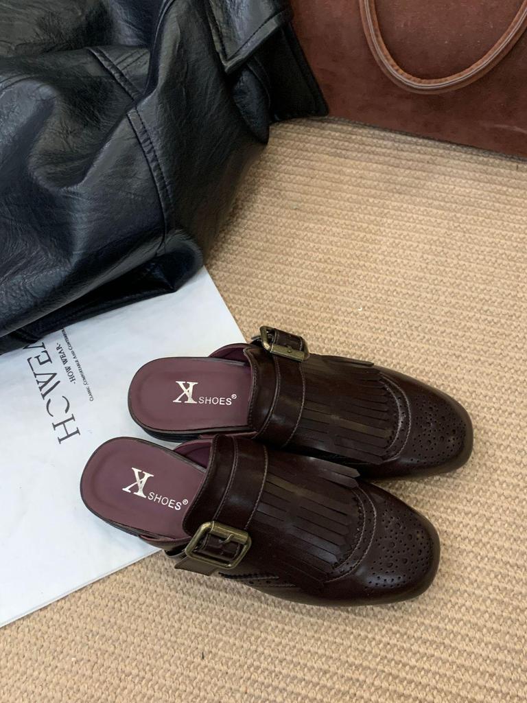 Genuine Leather Carved Tassel Mules - Women's Low Heel, Pointed Toe Slip-On Sandals