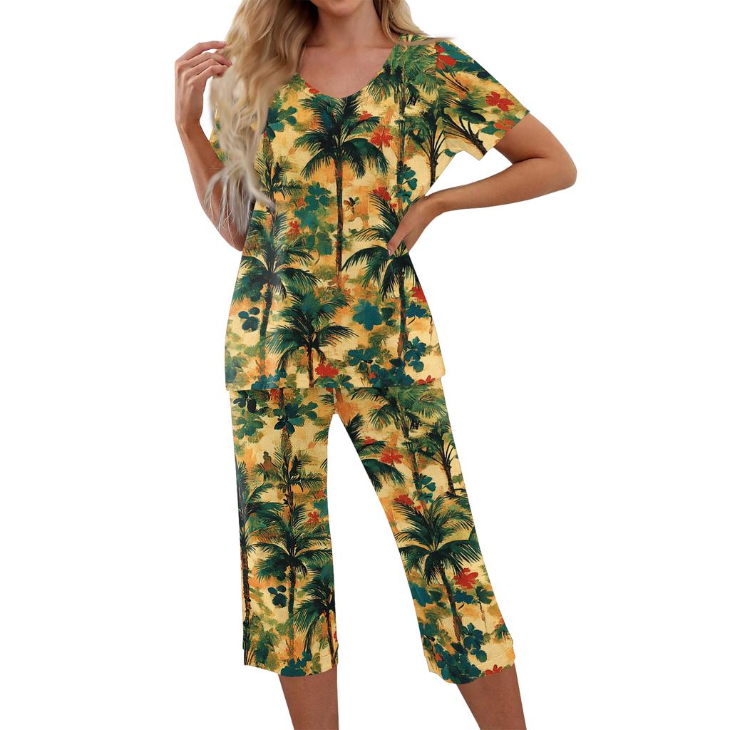 2 Piece Sets For Women Short Sleeve Top And Pants With Pockets Workout Soft Print Sets