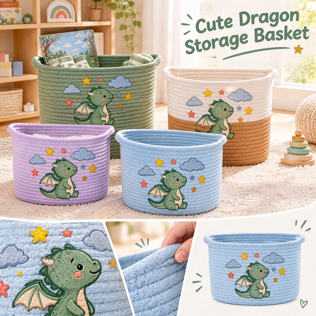 Dinosaur Embroidered Cotton Rope Storage Basket