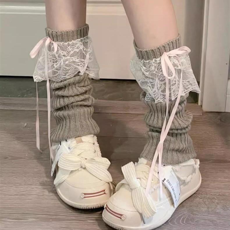 Ladies Autumn New Warm Thermal Storage Lace Knitted Ribbon Bow in The Tube Pile Stocking