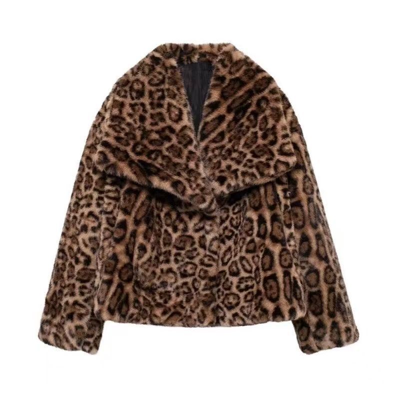 Winter leopard print fur jacket imitation mink hair large lapel women's top fluff loose short