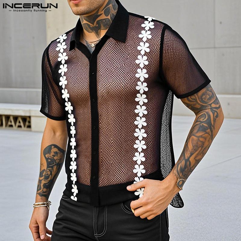 

INCERUN Men Summer Lapel Neck Crochet Flowers Mesh Sheer Casual Shirts чёрный
