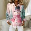 Women's Christmas Printed Button Up Long Sleeved Casual Regular Shirt With Collar Top