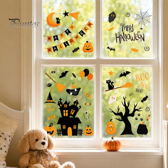 Holiday Glass Decoration Stickers 4 Sheets Halloween Electrostatic Stickers, Cartoon Pumpkins Castle Bats Window Easy Remove Clings PVC Waterproof
