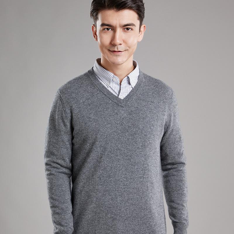 Men's 100% Pure Wool V-Neck Sweater, New Autumn/Winter Business Casual Soft Knit, Long-Sleeve Base Layer.