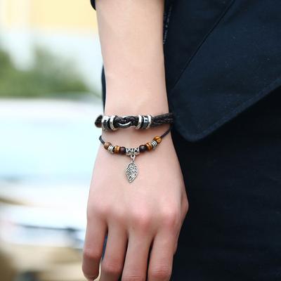 Hand-woven Bracelet Vintage Beads Alloy Leaf Pendent Multilayer Beaded Wristband Ethnic Style Women Men Bracelet Jewelry Accessories Gift