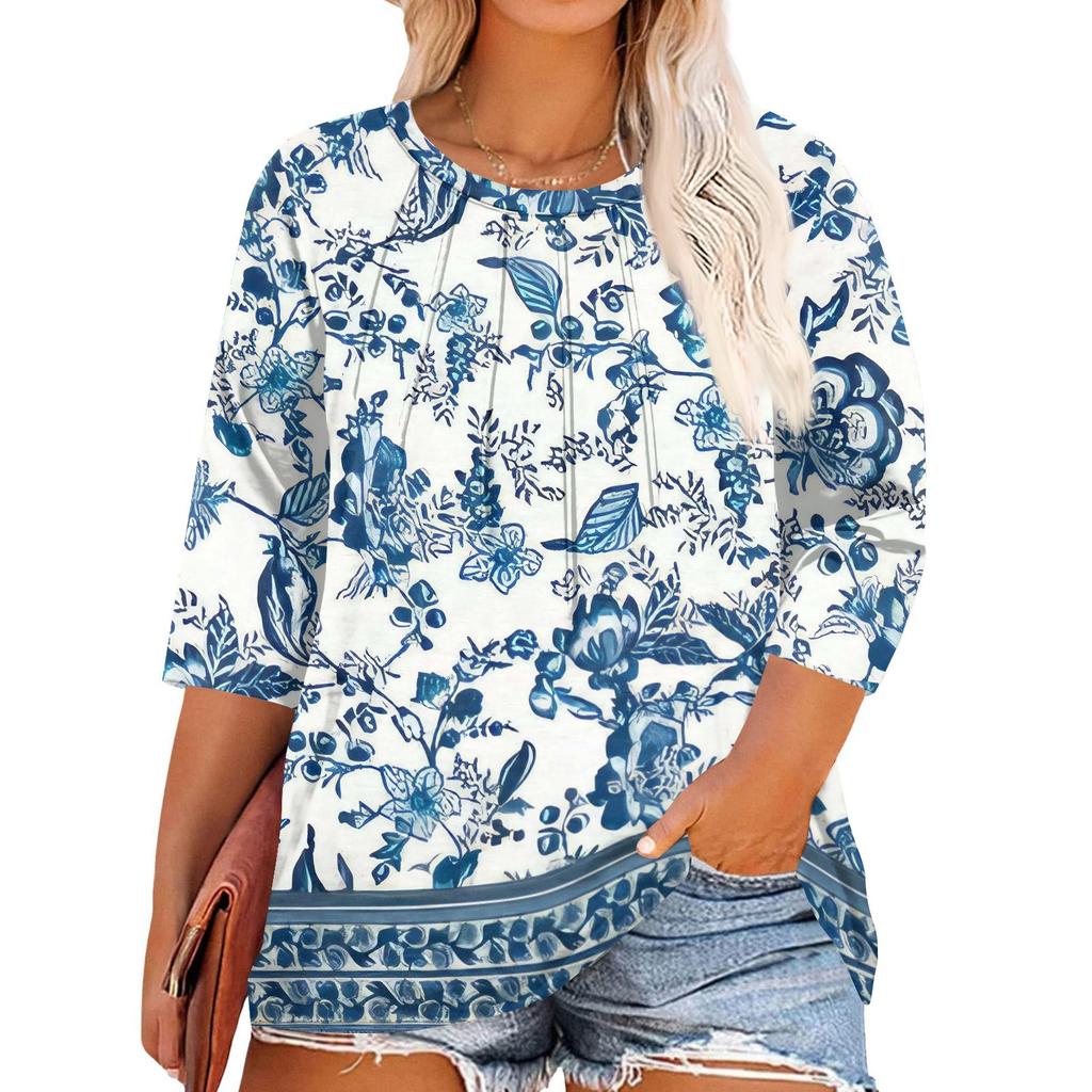Women's Print Round Neck Plus Size Tops 3/4 Sleeves Elegant Shirt Tops