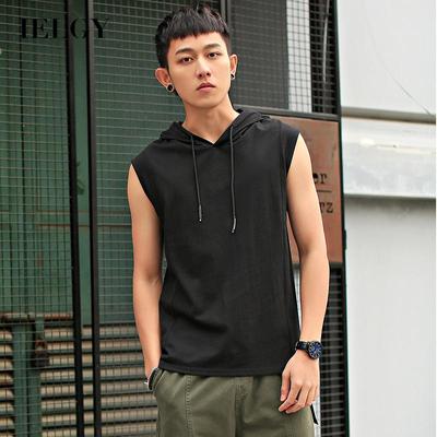 Kamizelka Męska Moda Bez Rękawów T-shirt Bawełna Street Jednolity Kolor Kamizelka Sportowa Fitness Z Kapturem Spodnia Koszulka
