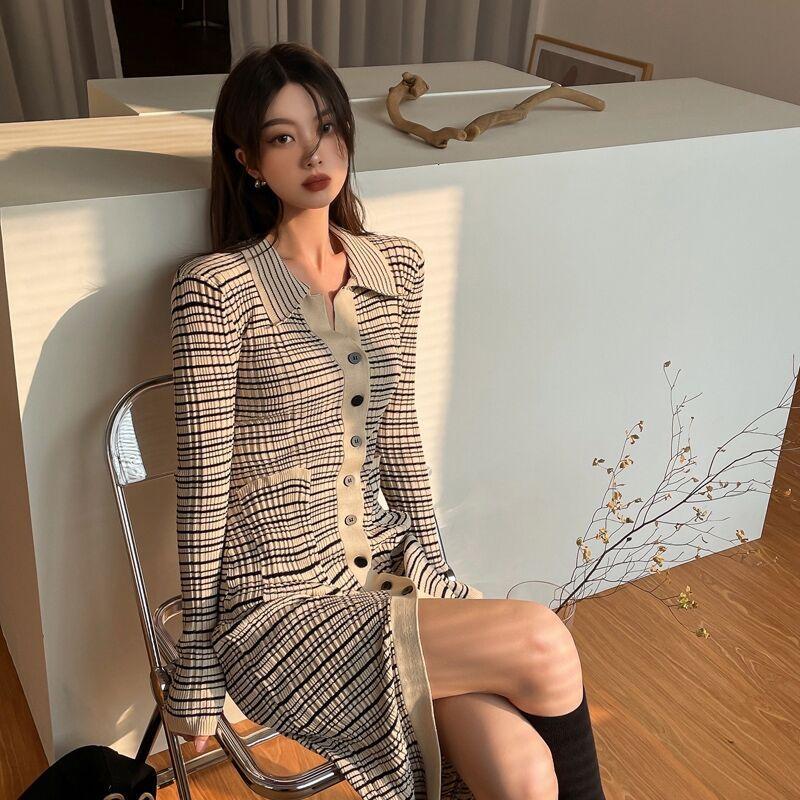 

Skirt spring new high-end temperament dress women s vintage striped knitted long dress S абрикосовый