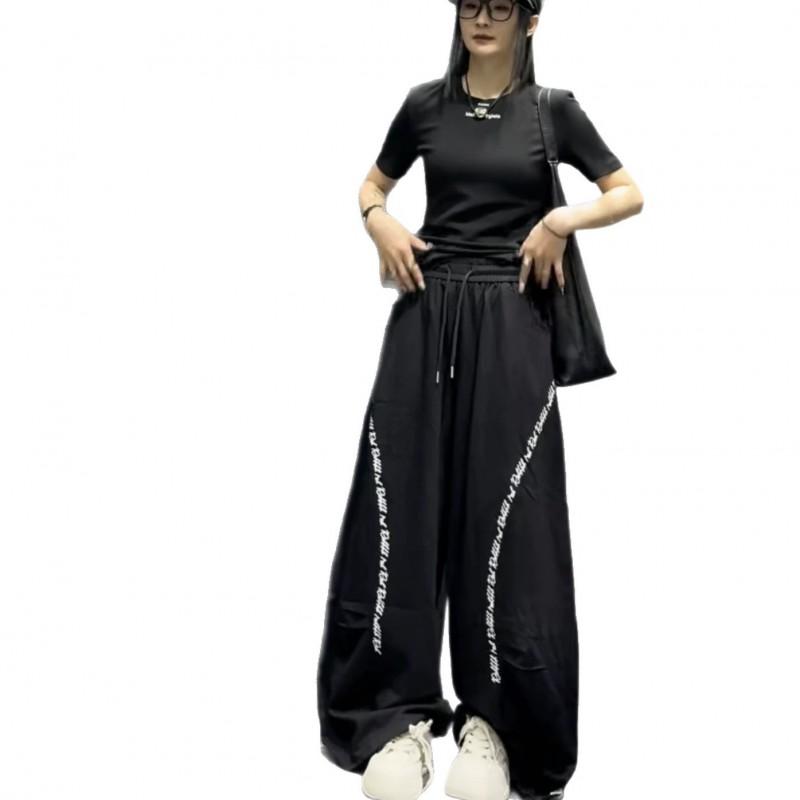 Womens Casual Pants 2026 Fox Letter Print Drawstring Waist Loose Trousers Streetwear