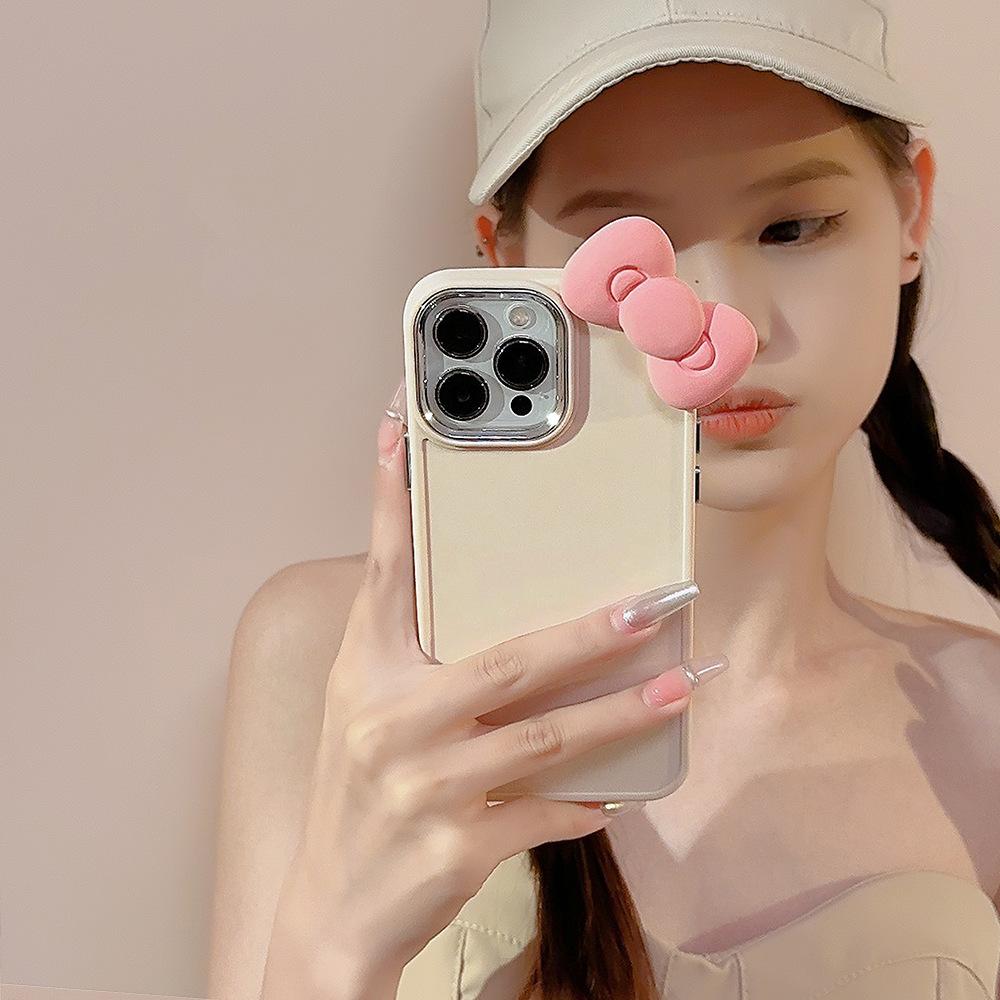 Cute Pink Bow Iphone17 Apple 16 Mobile Phone Case 11 Three-dimensional 13 Silicane 14 Promax Suitable for 12 Sets