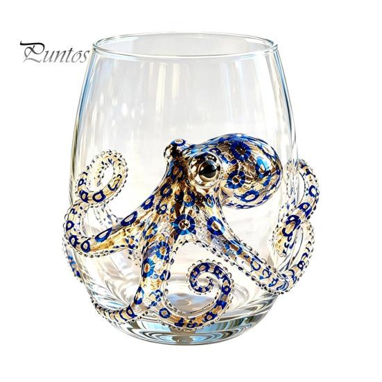 Handgefertigtes Künstlerisches Glasware Oktopus Glasbecher, 350ml Stielloses Weinglas, Wal Delfin Schildkröte Lebendiges Tentakel Design Becher Meeresbewohner Trinken
