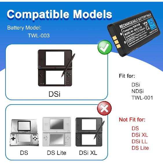 TWL-003 для Nintendo DSi Замена аккумулятора - Совместим с игровой консолью Nintendo DSi, NDSi, TWL-001 Аккумулятор li-ion 2000 мАч