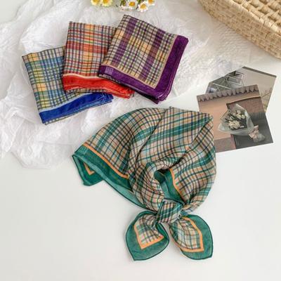 Silk Scarf Neck Small Square Scarf High-end New Versatile Plaid Headscarf Summer Women Pastoral Headband Tied Hair Streamer