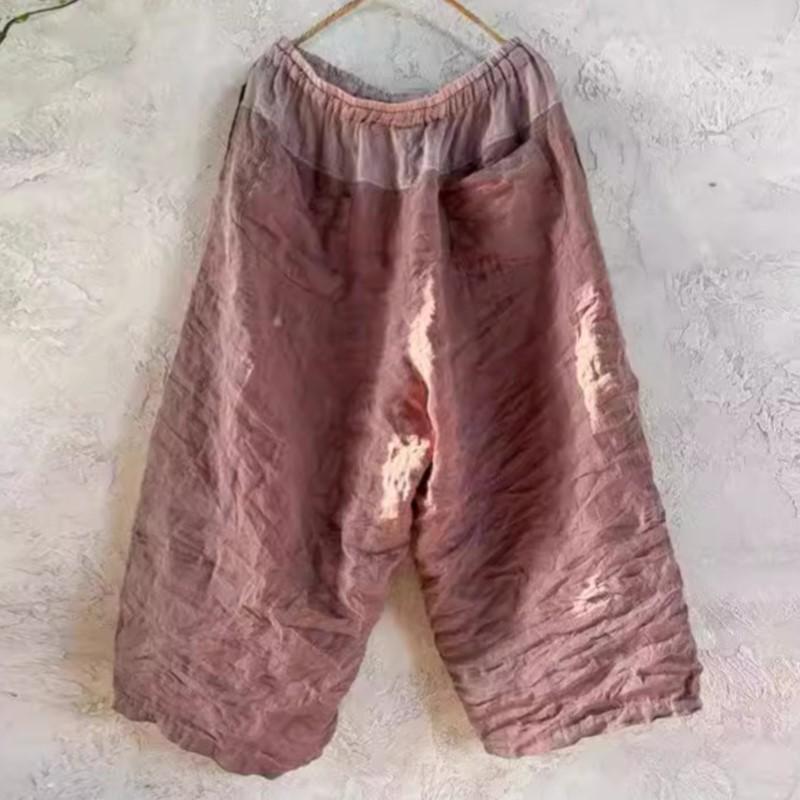 Johnature Damen Vintage Patchwork Farbe Weite Beinhose Elastische Taille Hose Sommer Lässige Wadenlange Hose