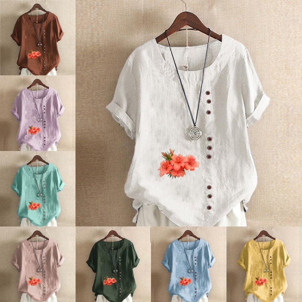 Women's Fashion Flowers Pattern Prined Short Sleeve T-shirt Loose Cotton Shirt Casual Loose Summer Blouse Tops Plus Size