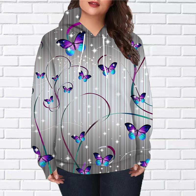 Womens Fashion Grey Butterfly Print Loose Hoodie Tops Blouse Sweatshirt Casual Long Sleeve Pullover Tops