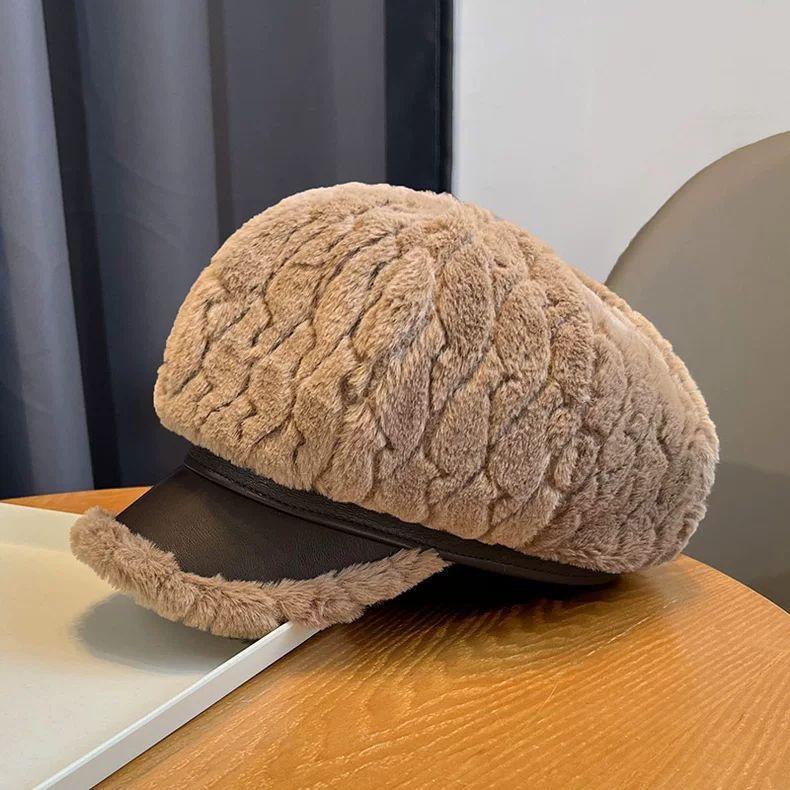Plush Patchwork Beret Autumn and Winter Retro Fashion Octagonal Hat