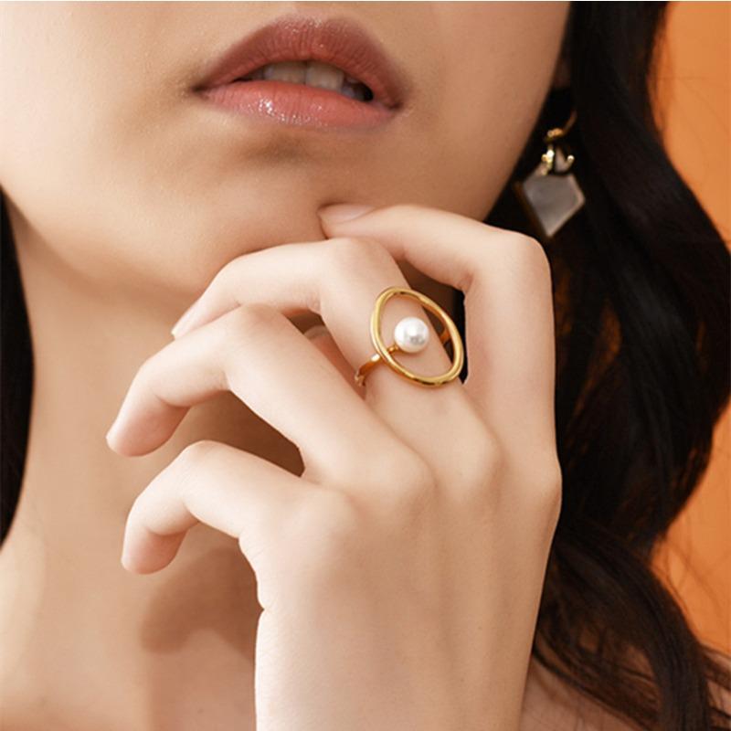 Meier European and american freshwater pearl ring - adjustable open design, ins style hollowed-out, unique finger ring jewelry