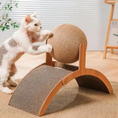Balle à gratter en bois 2 en 1 pour chat - Planche à gratter en sisal - Jouet pour pattes de broyage résistant à l'usure - Grattoir en bois massif pour chats