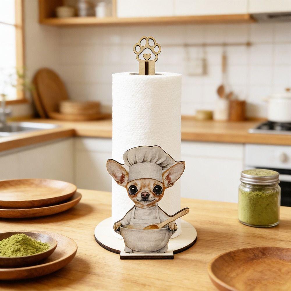 Cute Animal Cat Paper Towel Holder Weighted Base Easy One-Handed Tear Countertop Paper Towel Holder Wooden Rotating Roll