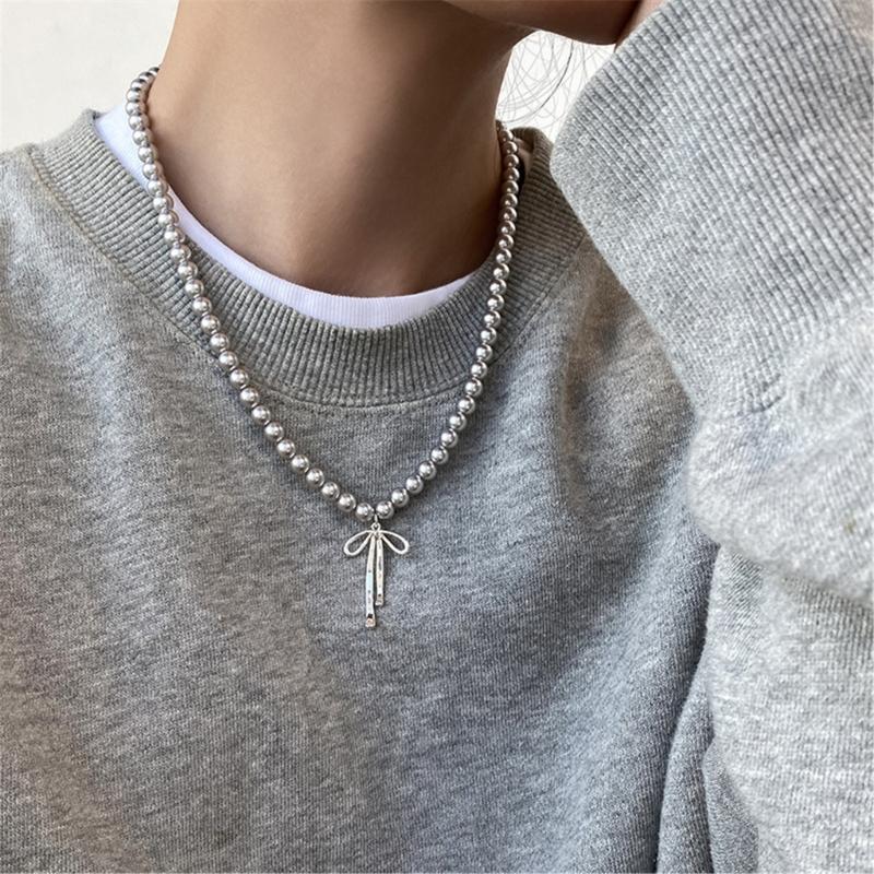 Exquisite Bowknot Pendant Necklace Elegant Neckchains Jewelry Gray Pearls Clavicle Chain Charm Adornment for Women