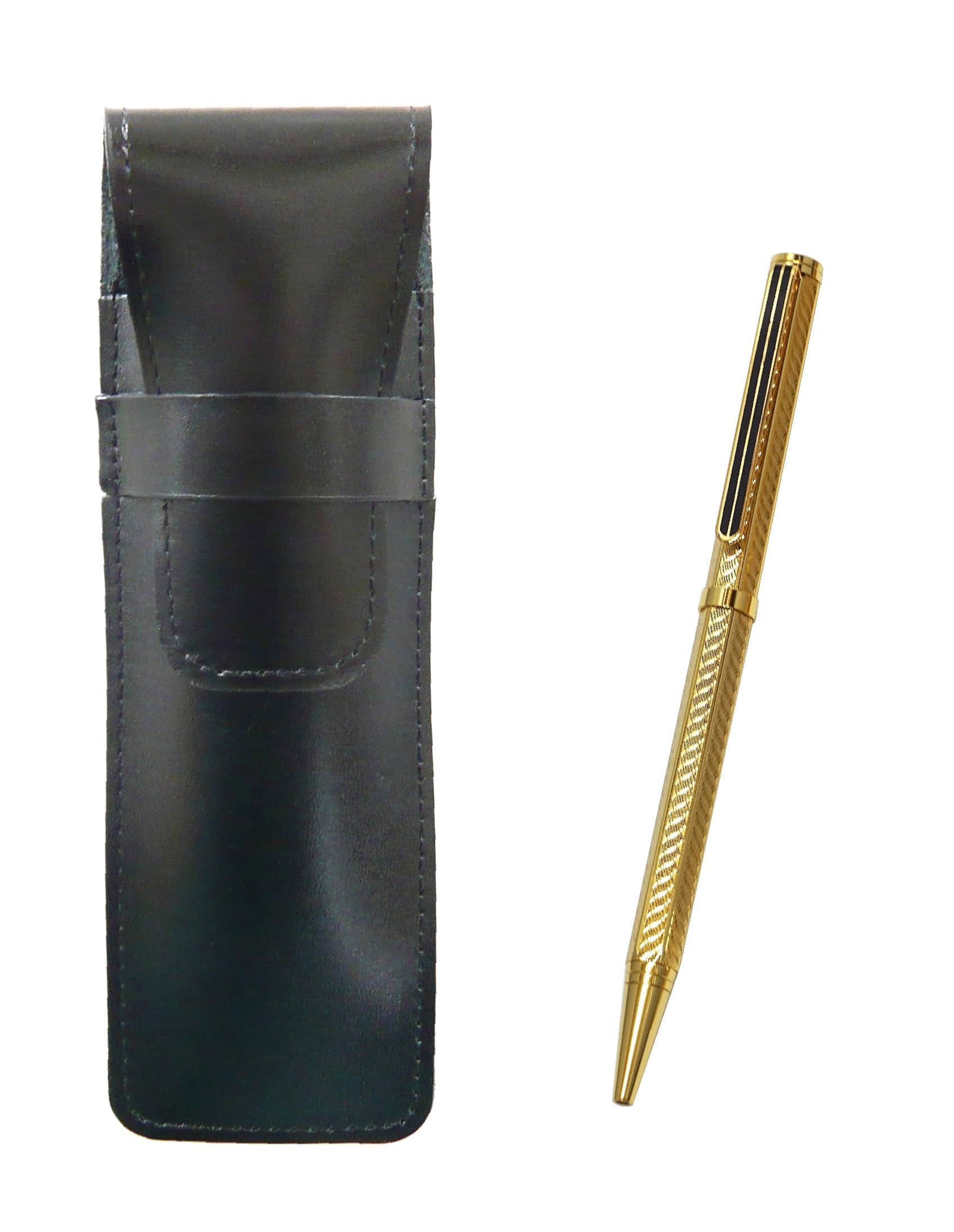 

slim black leather pencil case with a brass hexagon rotating gold ballpoint pen set Two-pack (T23-ASB-6KSBP-K-2) золотой