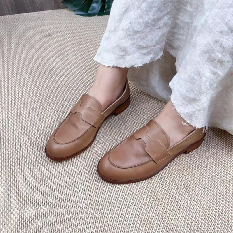 Johnature Retro Echtes Leder Niedrigen Absatz Pumps Frauen Schuhe Runde Zehe Flache Volltonfarbe Bequeme Halbschuhe