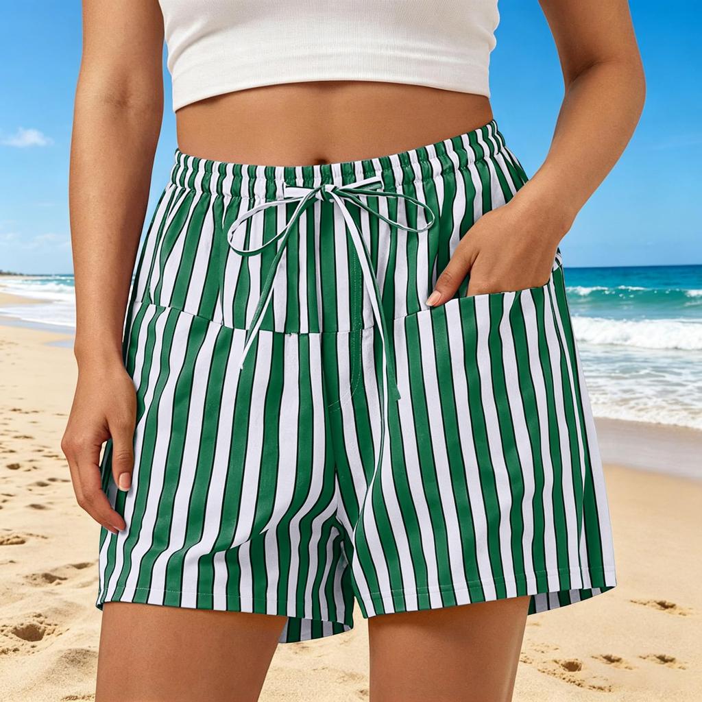 Women's Casual Striped Shorts with Elastic Waist and Drawstring Pockets Lightweight Comfortable Summer Bottoms
