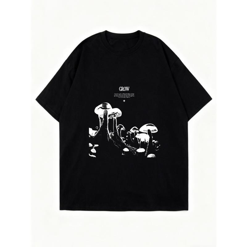 Nadměrné tričko černé s potiskem houby a nápisem Grow, grafické tričko, ležérní streetwear, dámský módní top, letní outfit