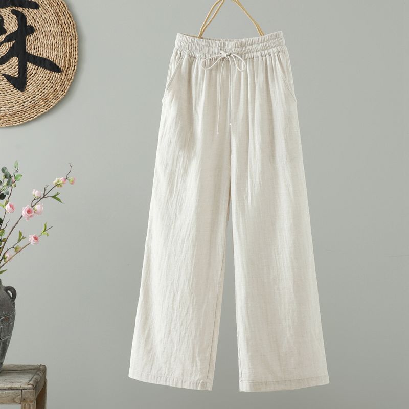 

2025 Summer Artistic Fresh Elegant Elastic Waist Drawstring Double-layer Cotton Yarn Casual Wide-Leg Pants Plus size Summer Cool Pants Beige White M