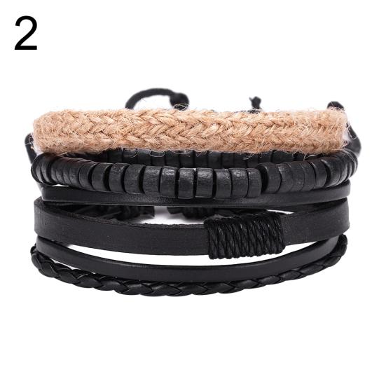 4Pcs/Set Vintage Men Mixed Style Braided Faux Leather Beaded Bracelet Bangle